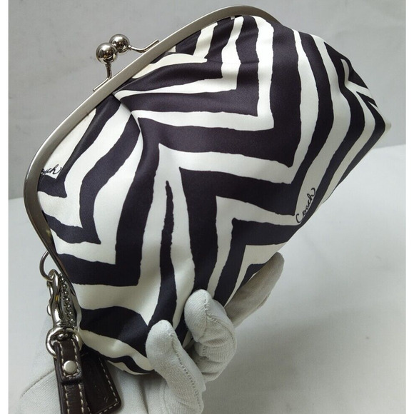 Coach Black White Satin Zebra Printed Kisslock Framed Wristlet - Wallet - Picture 3 of 15